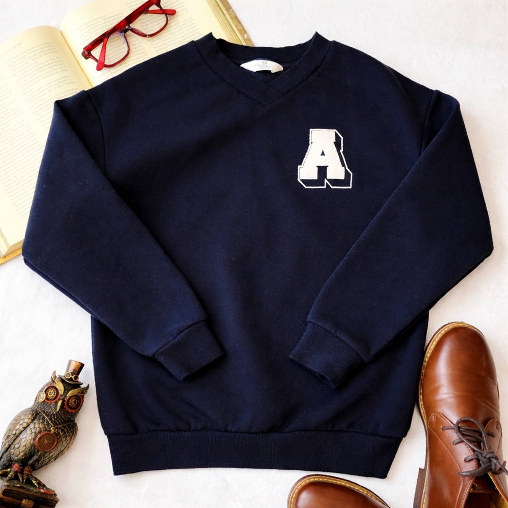 H&M Kids BLACK Varsity Sweatshirt, Size 12, Crewneck Pullover with Letter Patch